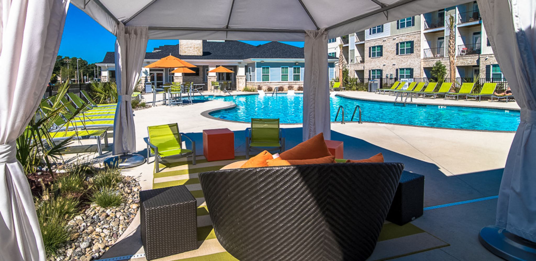 Hawthorne at Leland luxury outdoor pool with shaded lounge area